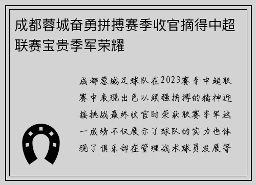成都蓉城奋勇拼搏赛季收官摘得中超联赛宝贵季军荣耀