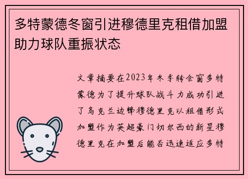 多特蒙德冬窗引进穆德里克租借加盟助力球队重振状态